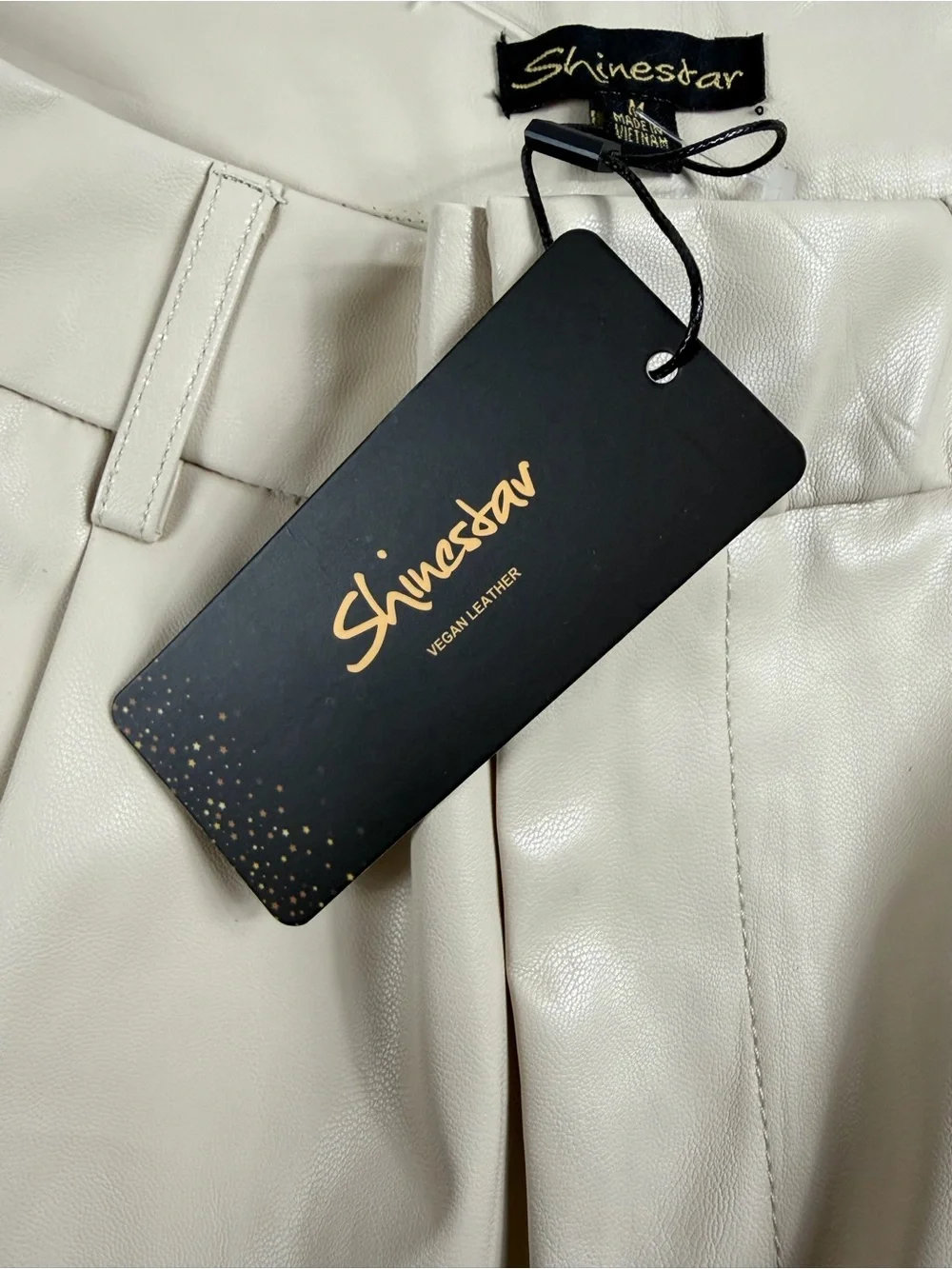 Shinestar Pleated Vegan Leather High-Waist‎ Shorts in Beige Medium
